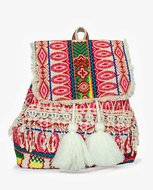 Aztec Patterned Cotton Backpack with tassels