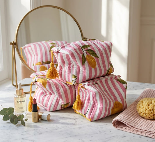 Quilted Cotton Pink Lemon Stripe Washbag 3 Set