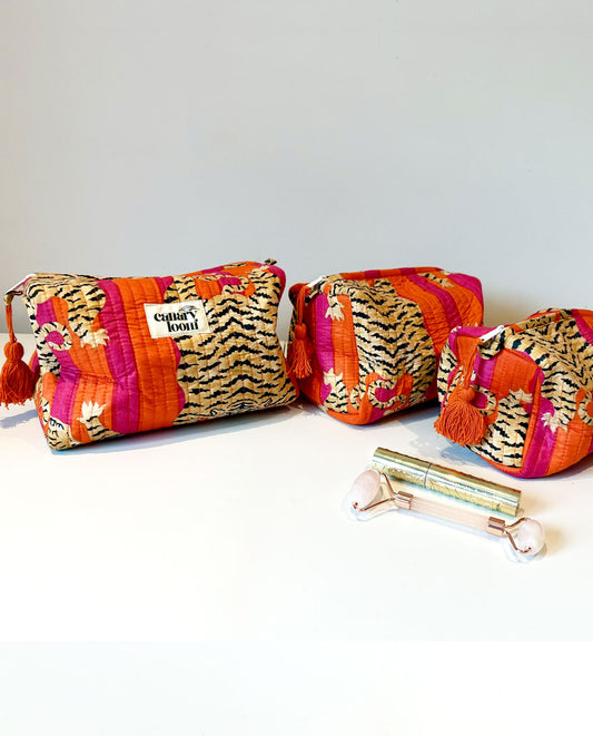 Quilted Cotton Tiger Cosmetics Set | Washbag 3 set
