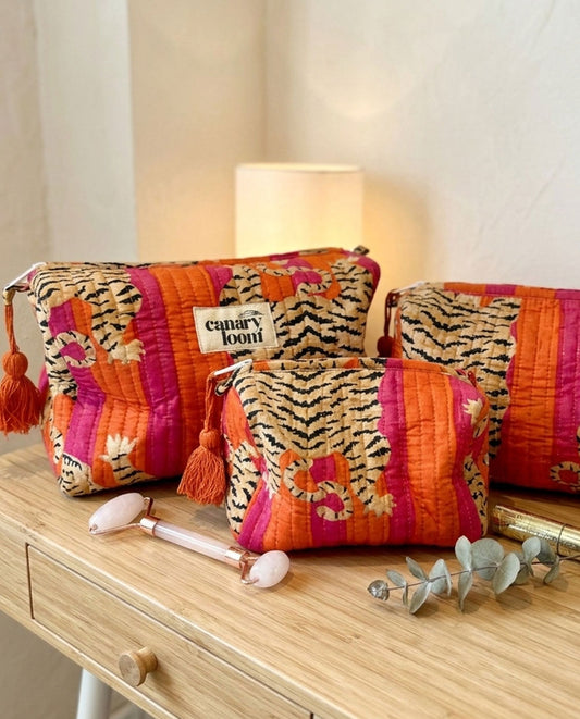Quilted Cotton Tiger Cosmetics Set | Washbag 3 set