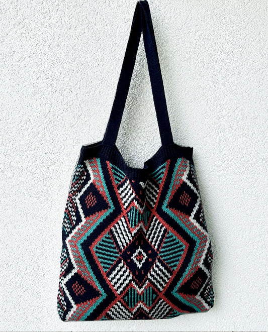 Navy Aztec Knitted Book Bag