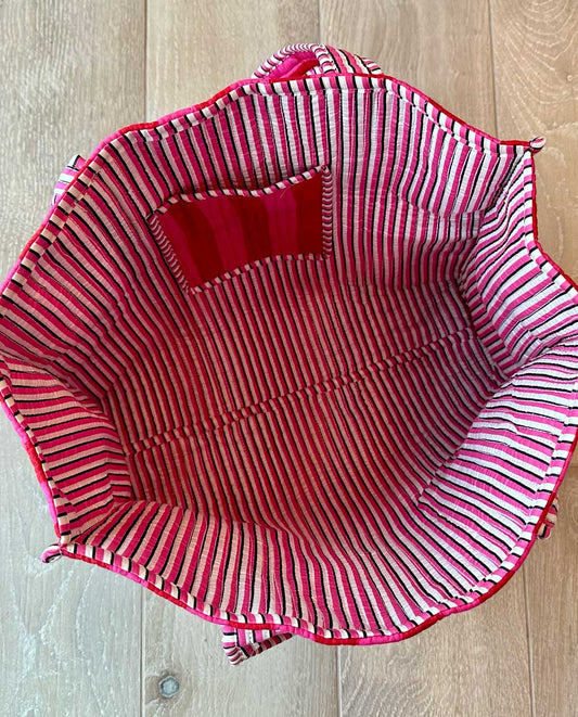 Pink Stripe Cotton Beach Tote Bag