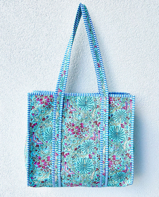 Quilted Cotton Turquoise Beach Tote