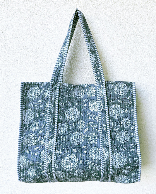 Blue Grey Quilted Shopper Tote Bag