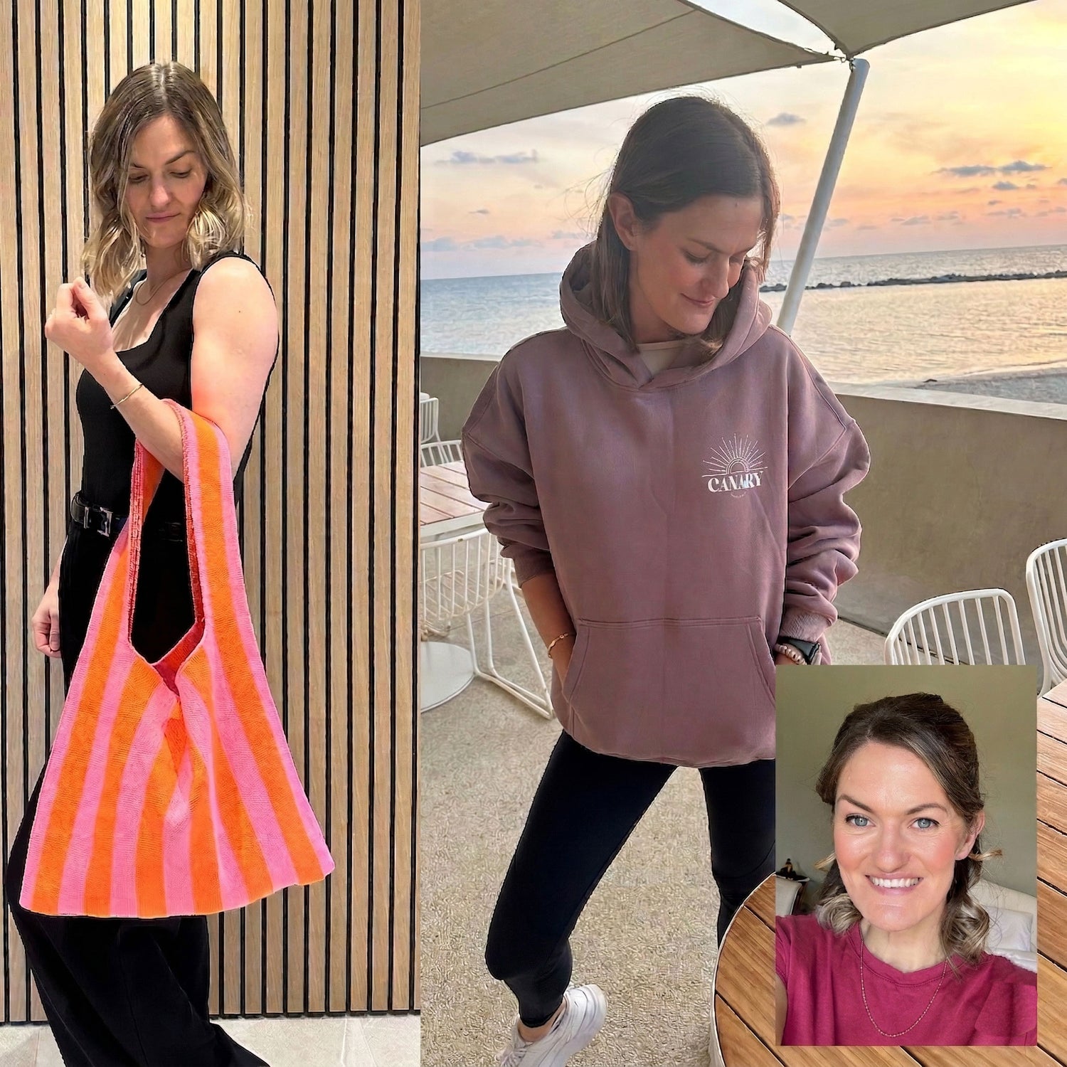Woman holding a striped bag, wearing a hoodie, and smiling in a small inset photo.