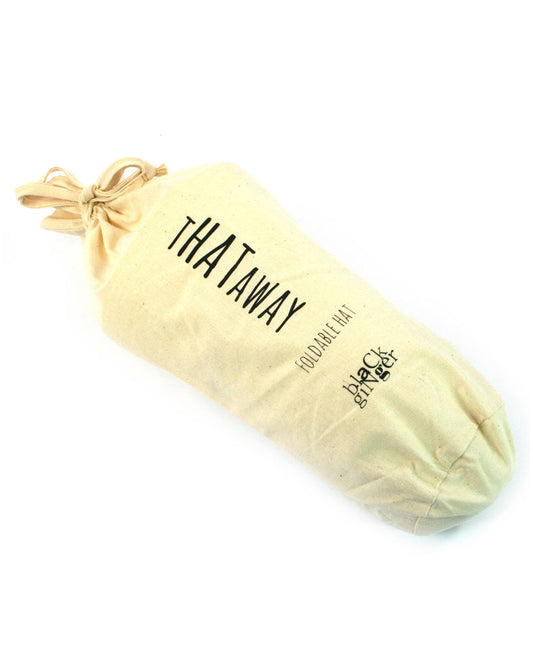 Foldable hat in a beige drawstring bag with 'THATAWAY' branding on a white background
