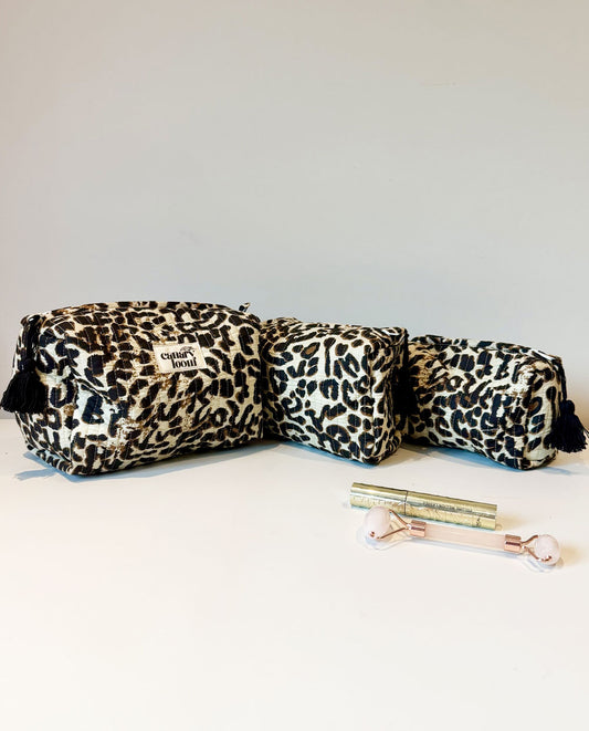 Quilted Cotton Leopard Cosmetics Set | Washbag 3 set