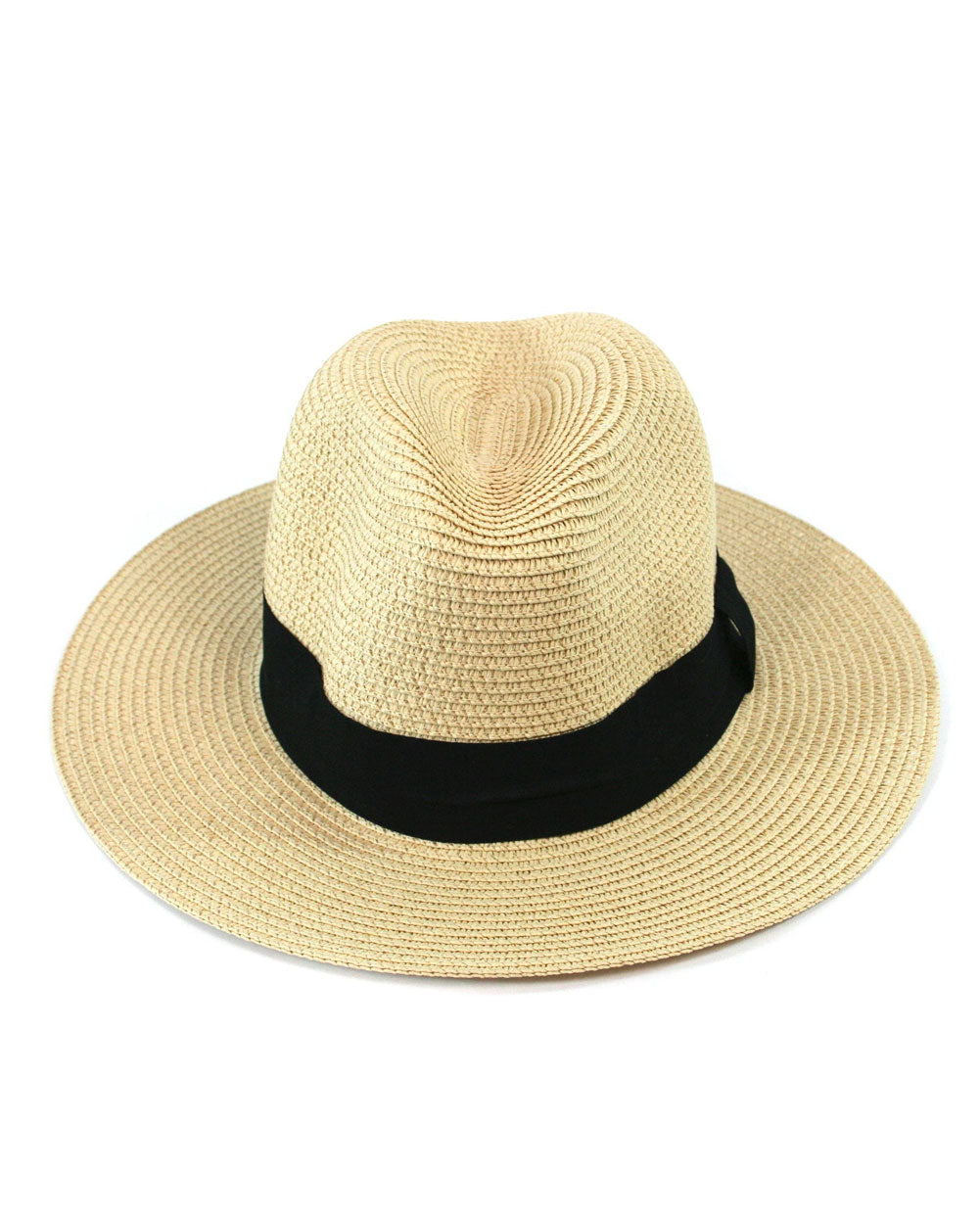 Beige straw hat with a black band on a white background