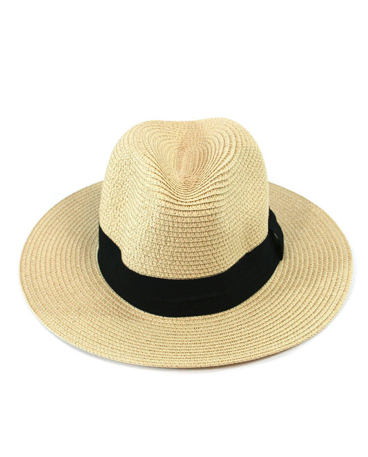 Beige straw hat with a black band on a white background