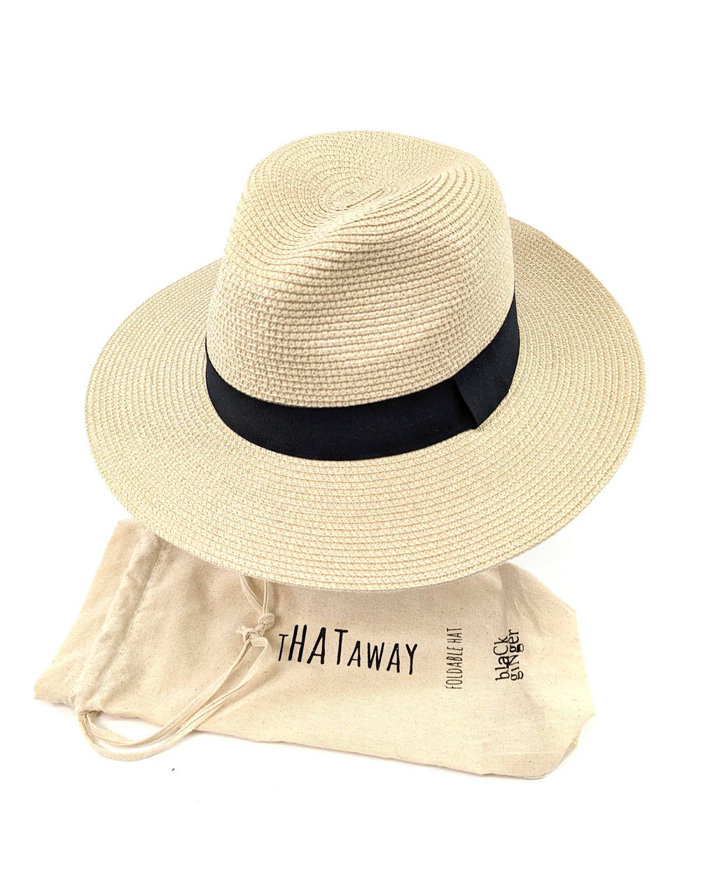 Beige straw hat with black band on a white background, featuring 'iHATaway' drawstring bag.