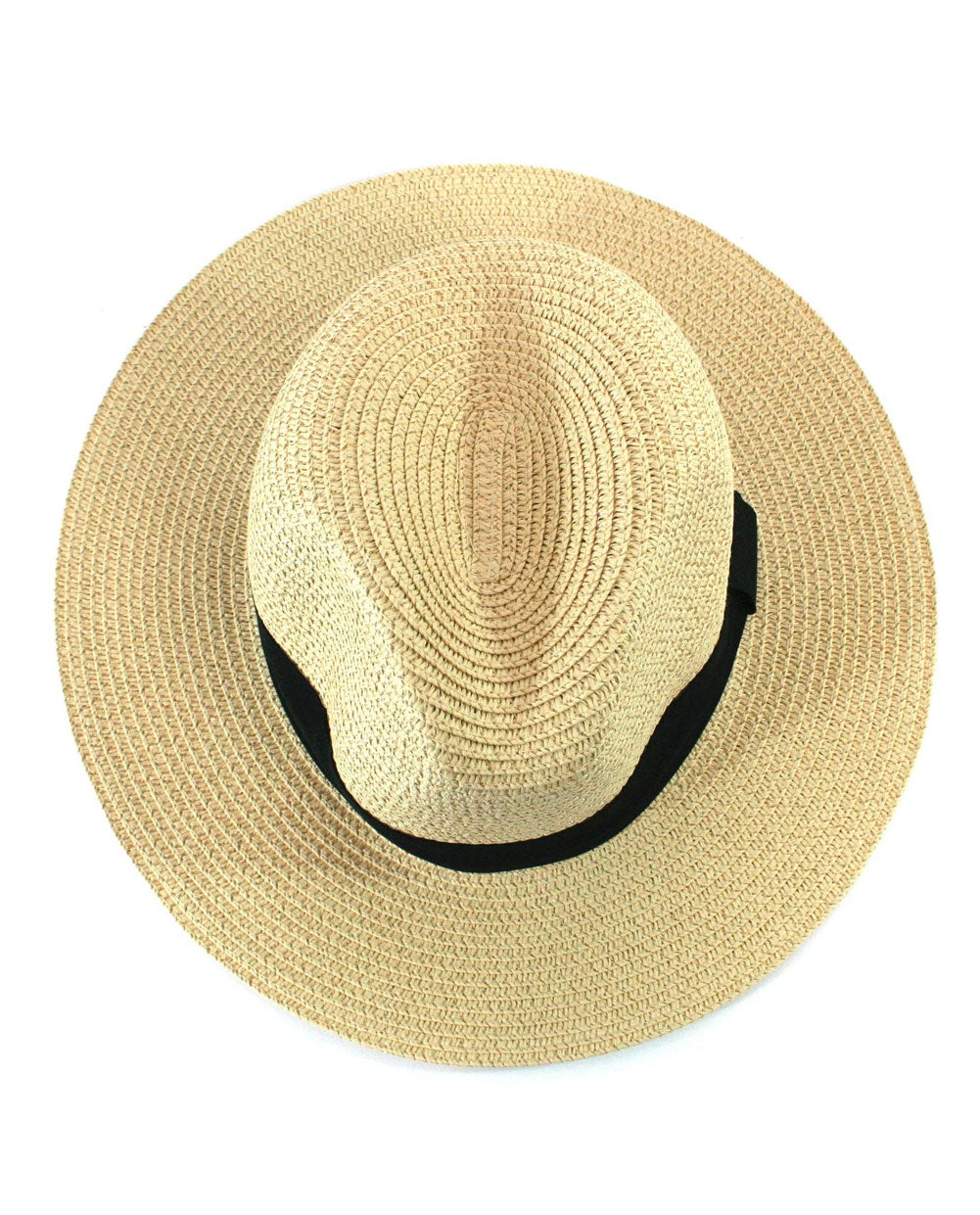 Beige straw hat with black band on a white background