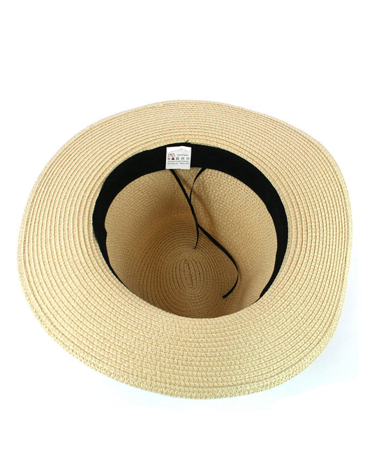 Beige straw hat with black band on a white background