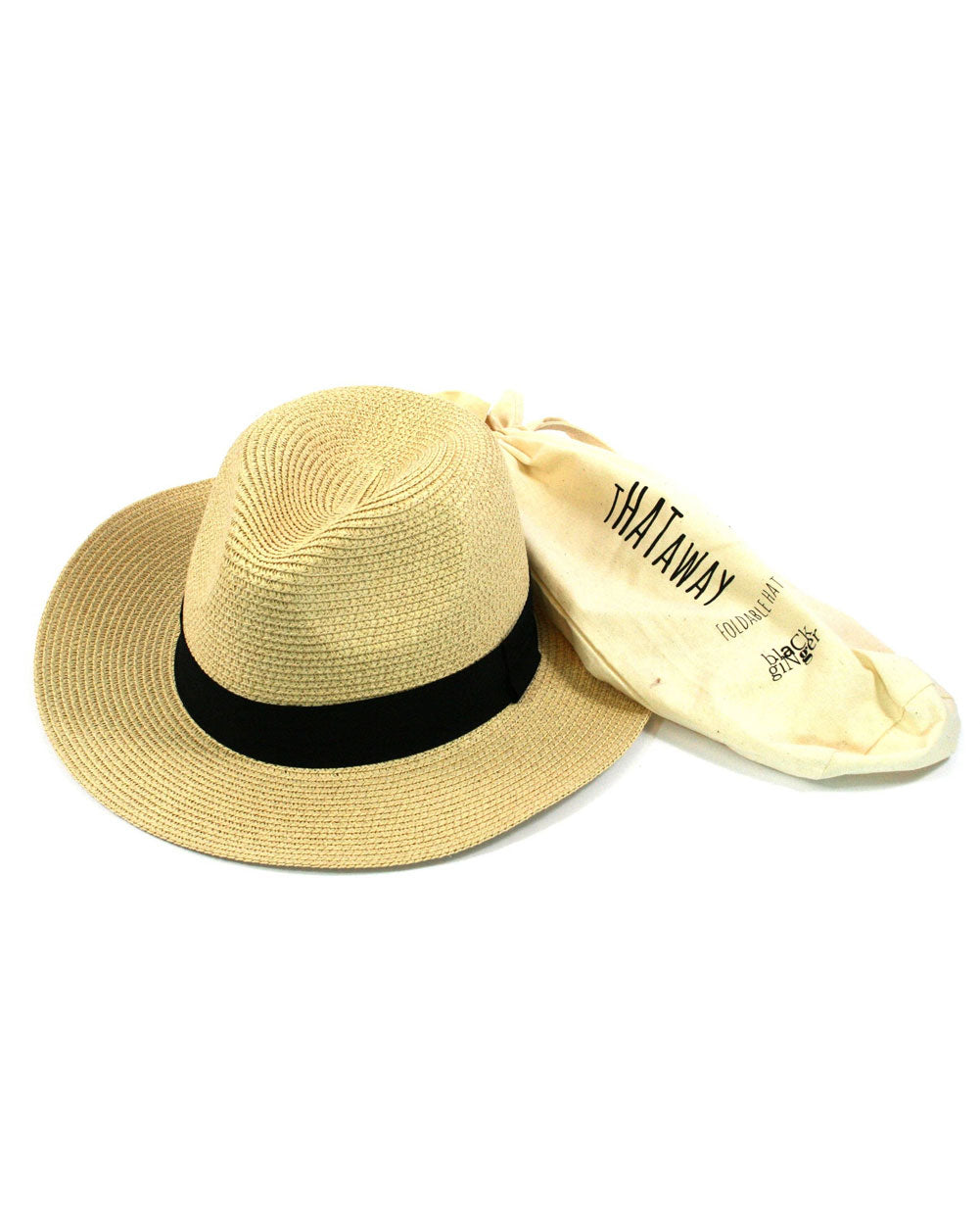 Beige straw hat with black band and branded bag on a white background