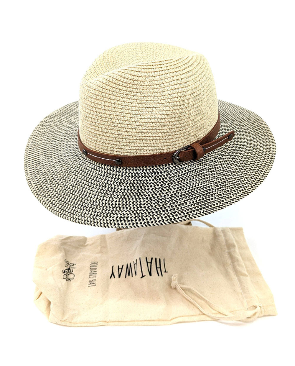 Beige straw hat with brown band and matching bag on a white background