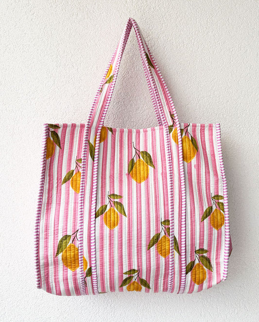 Pink Lemon Quilted Beach Bag