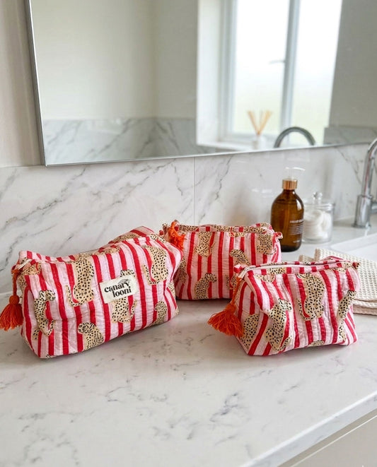 Quilted Cotton Leopard Pink Stripe Cosmetics Set | Washbag 3 set