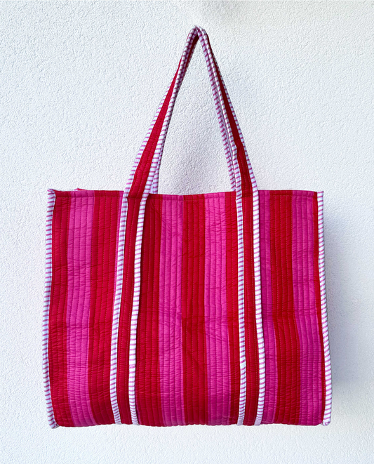 Pink Stripe Quilted Shopper Tote