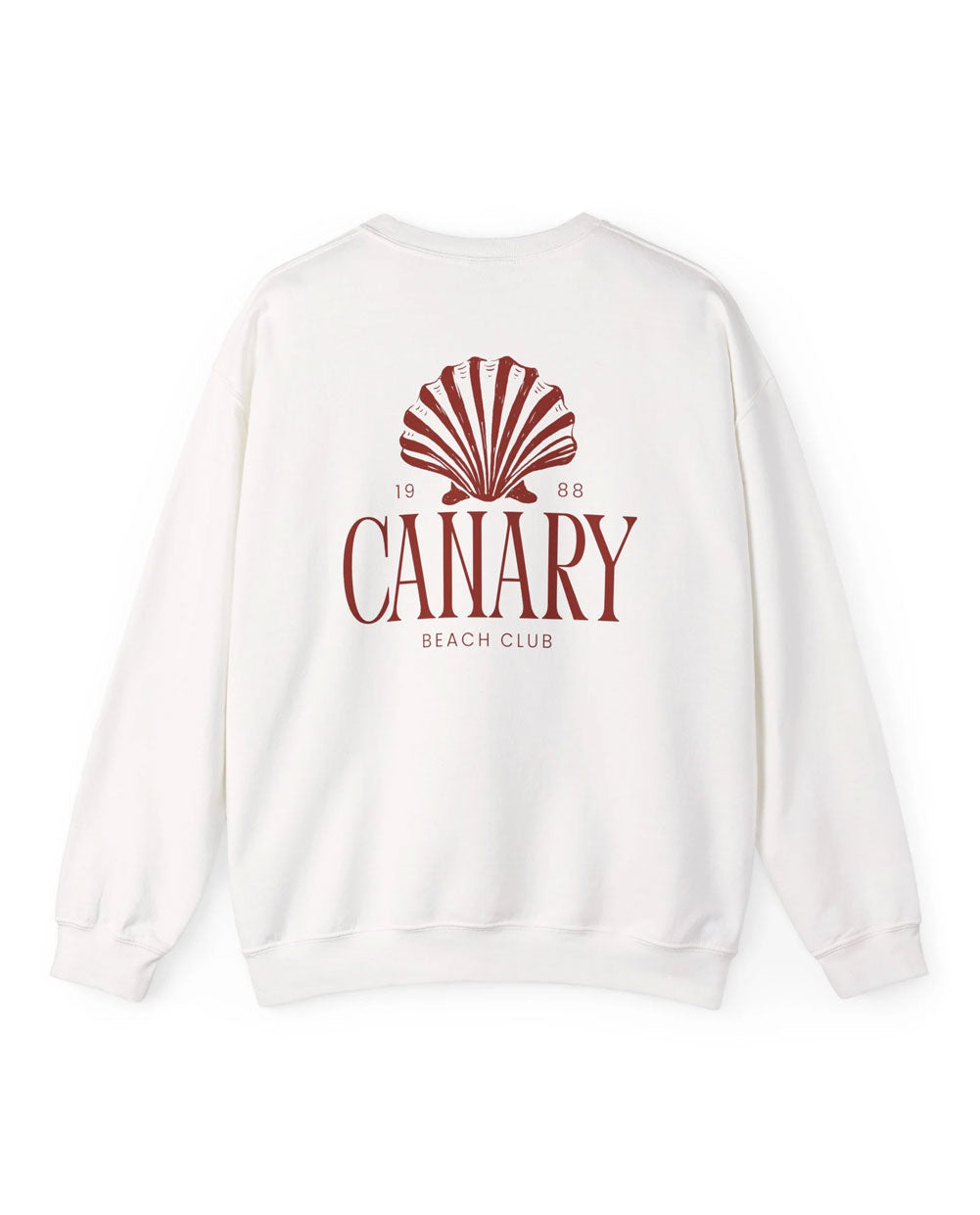 White sweatshirt with red 'Canary Beach Club' logo on a white background